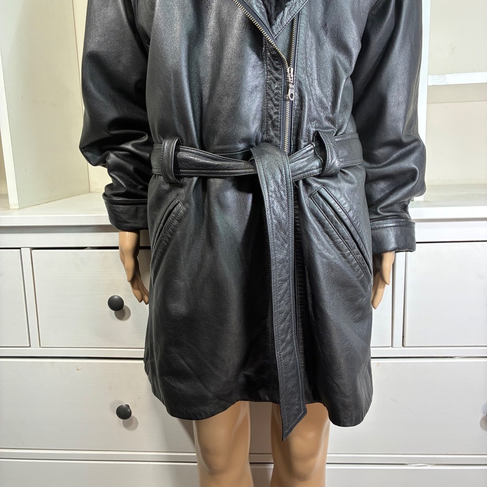 Wilsons Leather Parka Jacket Womens Medium Black Hooded Belted Thinsulate Coat - Picture 9 of 11